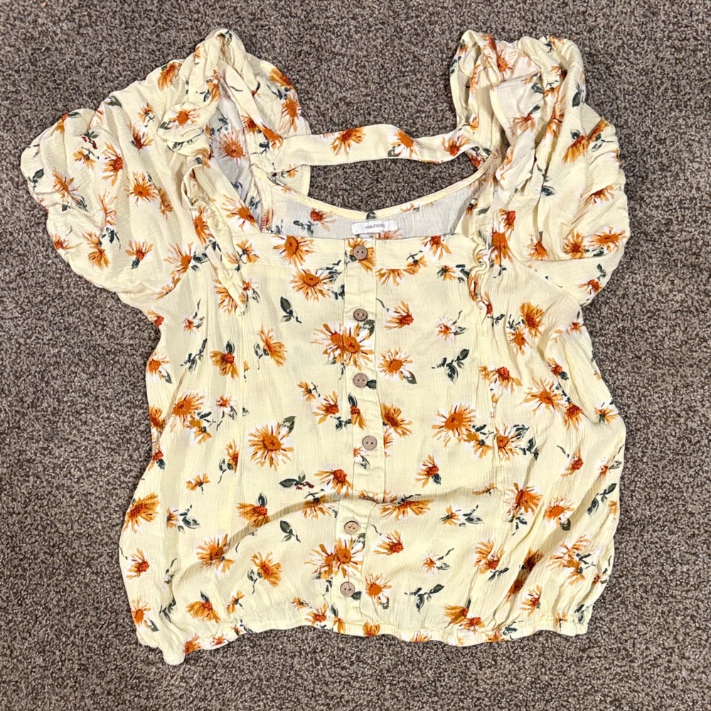 Maurices Floral Puff Sleeve Blouse - Cream and Orange